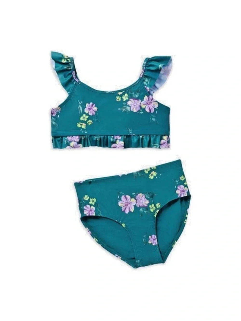 JUSTICE Girls Swimsuit Tankini Bikini Ruffle Swim Set Floral green size medium